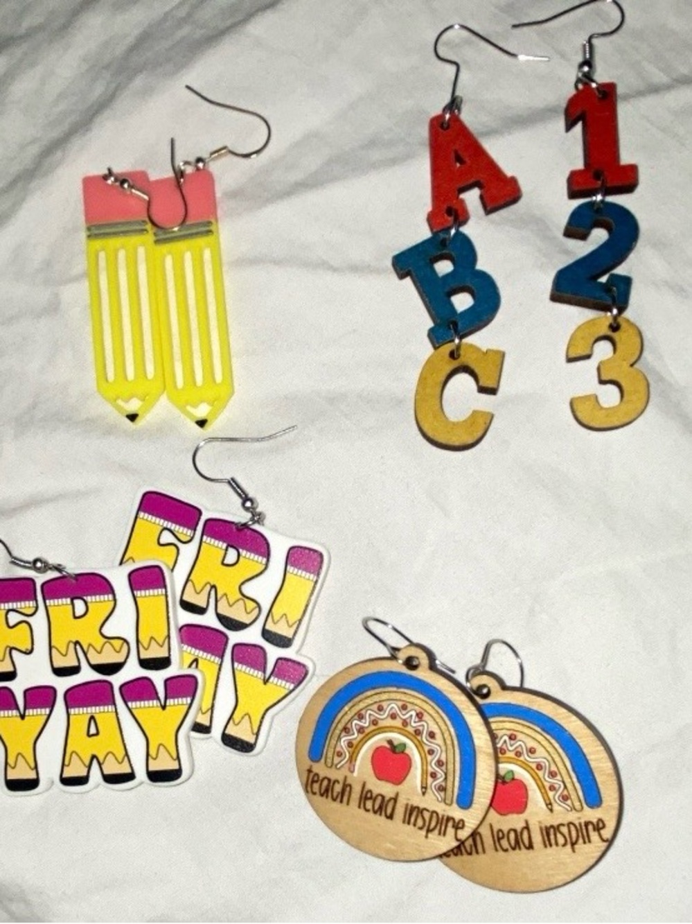 dangle hook earrings multicolor teacher letters numbers pencil rainbow lot